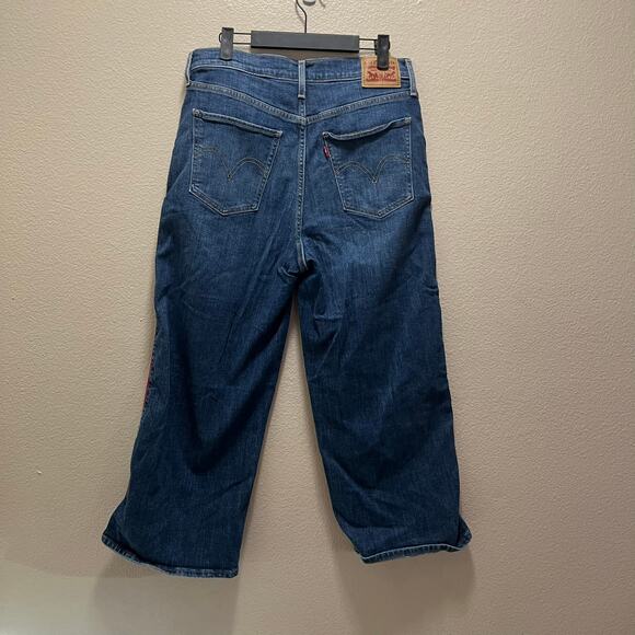 Levi's Mile High Cropped Wide Leg Denim Jeans Size 30 Dark Wash Red Stripe - Picture 7 of 11